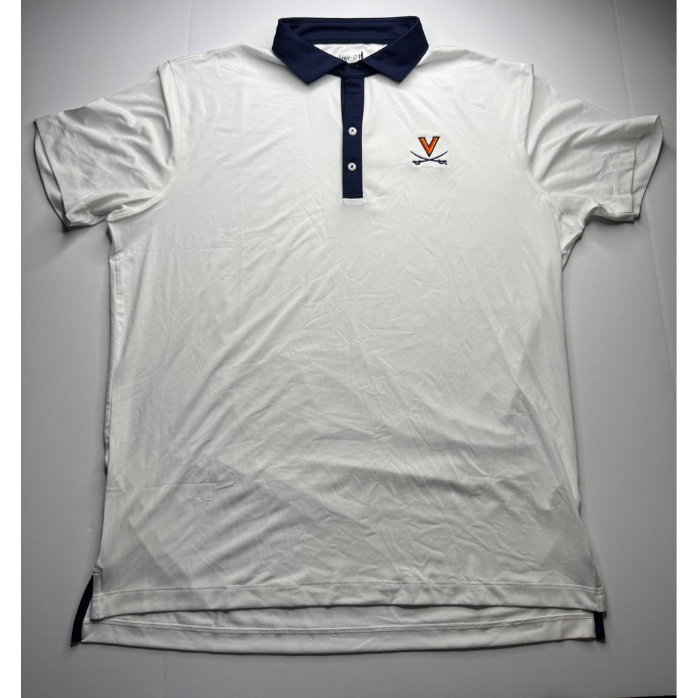 Johnnie-O Ramos Performance White Navy UVA Cavaliers Polo Shirt Mens Size Large